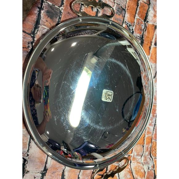 Kromex 13.5" Vintage Round Serving Platter Handles Original Stickers Holiday EUC - Picture 2 of 4